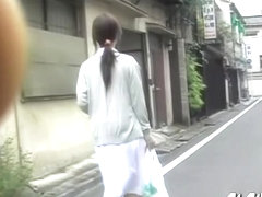 Fiery pony-tailed Japanese nurse gets on the ground during instant sharking attack