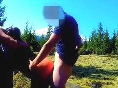 Fucking the gf against a rock in nature