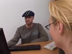 Sexy blonde with glasses gangbang in the office