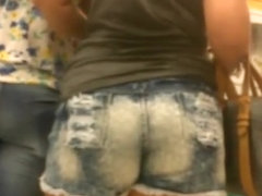 Blonde milf in tight jeans shorts