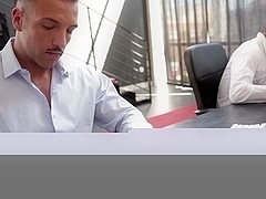 Ripped officehunk bangs moustached colleague in office