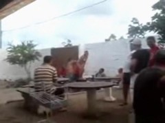 Naked latina gets her pussy eaten out by a fat guy on a table in a bar