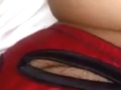 Kutwijf red satin crotchless panty fingered cum on.