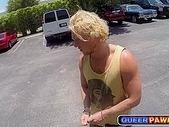 Blonde surf dude payed cash for stripping and getting his cock sucked