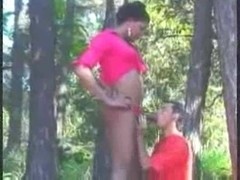 Interracial guy and shemale sex outdoor