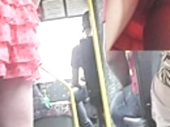 Bus upskirt movie scene with pink lace panty
