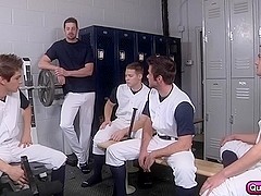 Amazing gay orgy with five cock craving gays in locker room